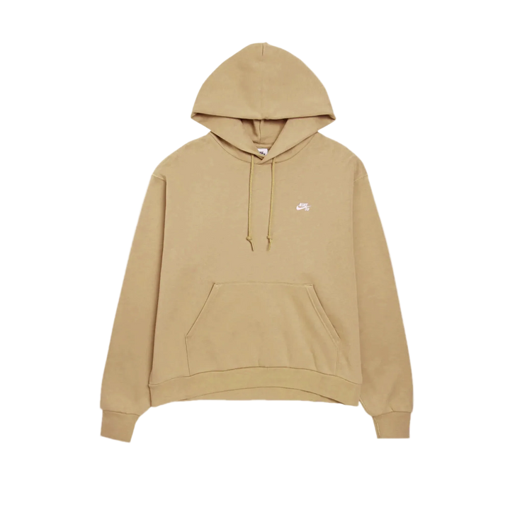Beige hoodie with a small logo on a white background