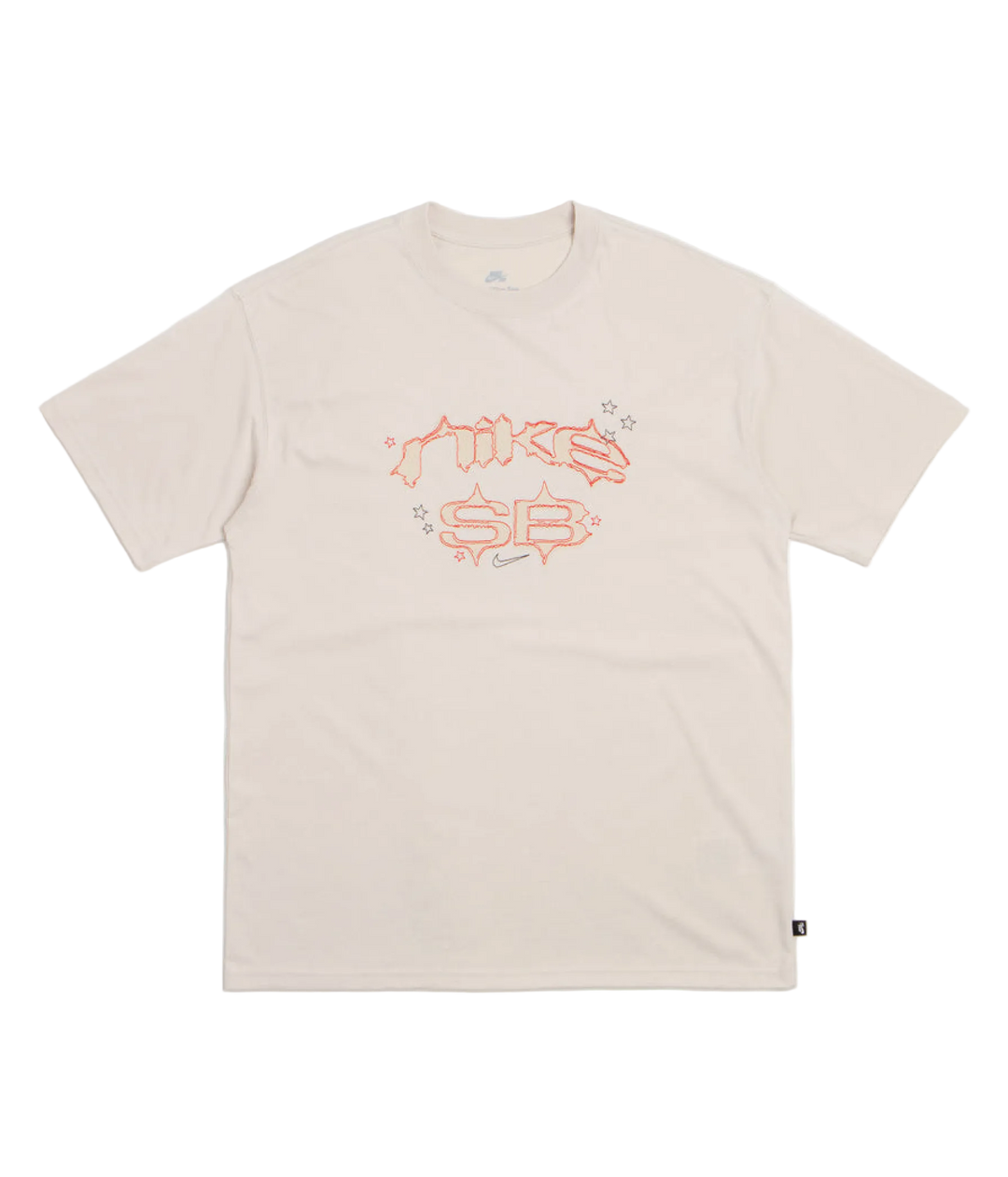A light beige short-sleeve t-shirt with a stylized orange and pink 'Nike SB' graphic printed on the chest, displayed flat against a clean white background.
