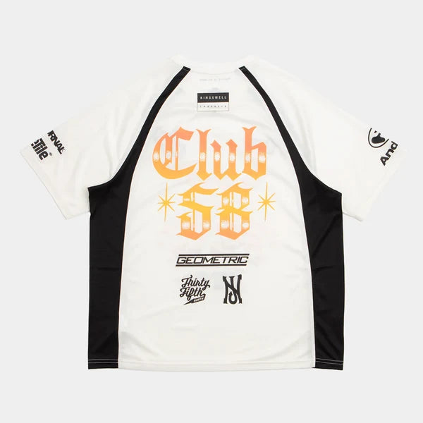 A white and black raglan t-shirt featuring a large orange and yellow 'Club 58' graphic on the front, with additional black text and logo graphics on the sleeves and lower front.
