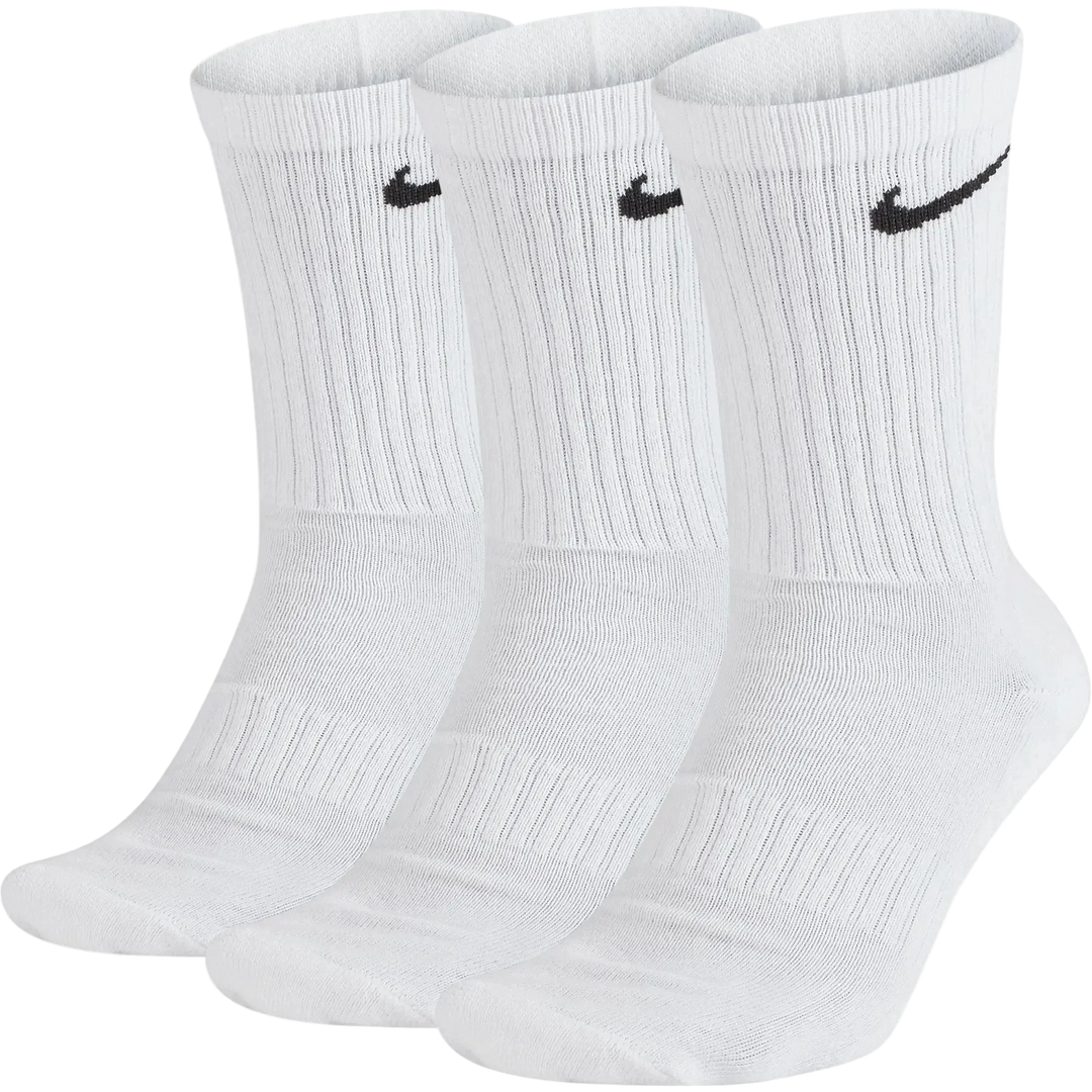 Three white Nike crew socks with black swoosh logos, arranged in a row against a plain white background.
