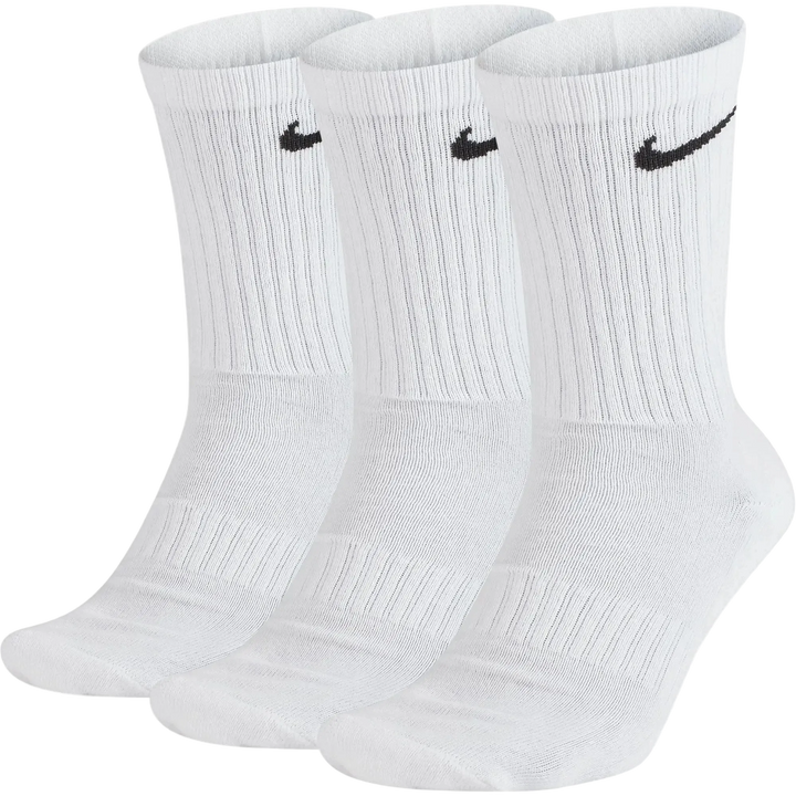 Three white Nike crew socks with black swoosh logos, arranged in a row against a plain white background.