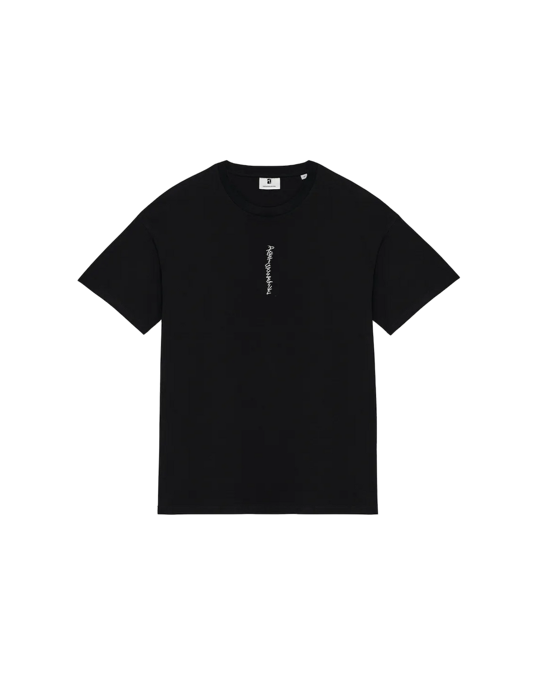 Black t-shirt with a small white logo 
