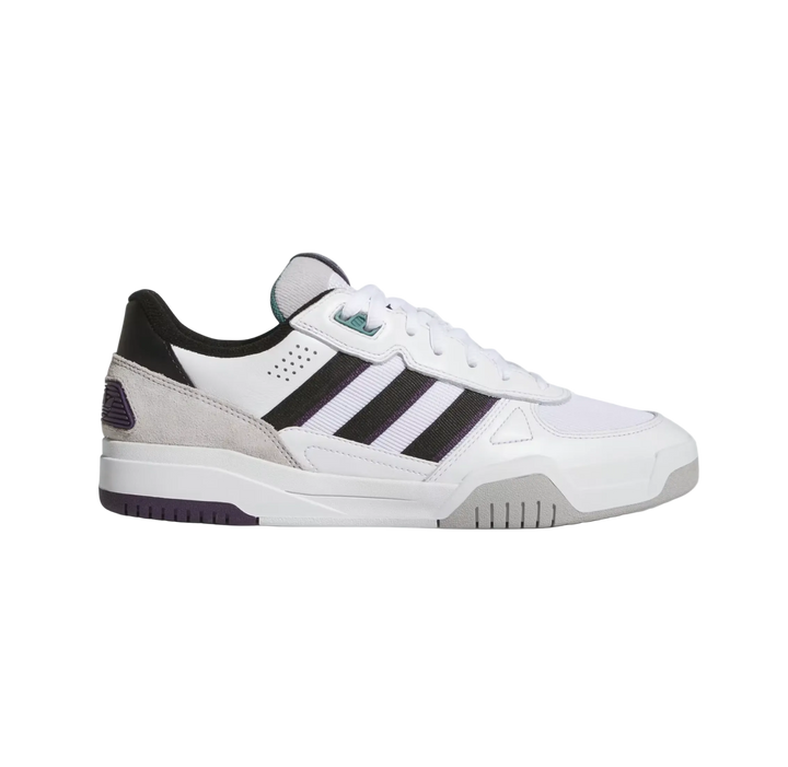 White Adidas sneaker with black stripes on a light gray background