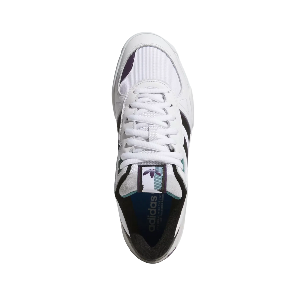 White Adidas sneaker with black stripes on a light gray background