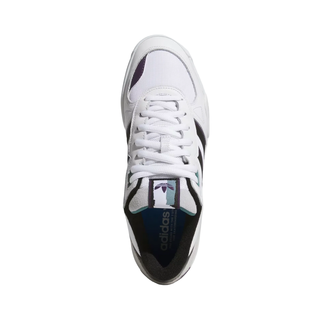 White Adidas sneaker with black stripes on a light gray background