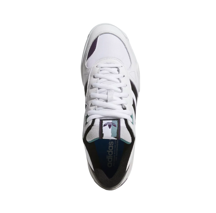 White Adidas sneaker with black stripes on a light gray background