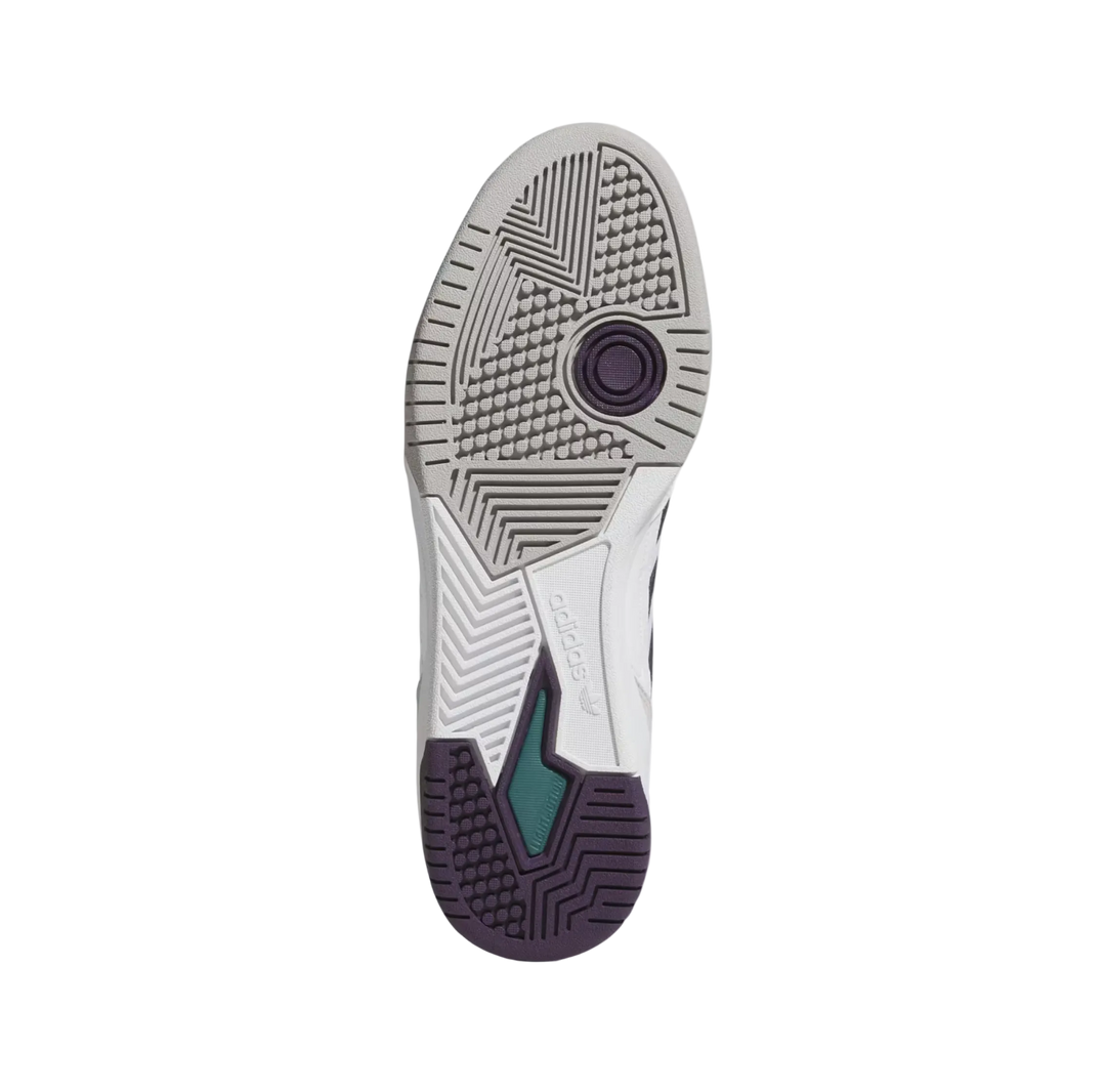 White Adidas sneaker with black stripes on a light gray background