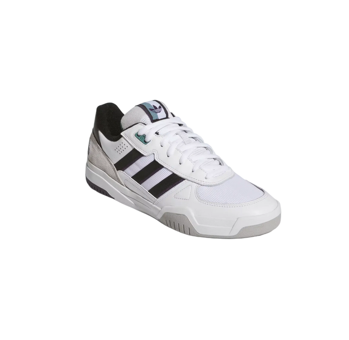White Adidas sneaker with black stripes on a light gray background