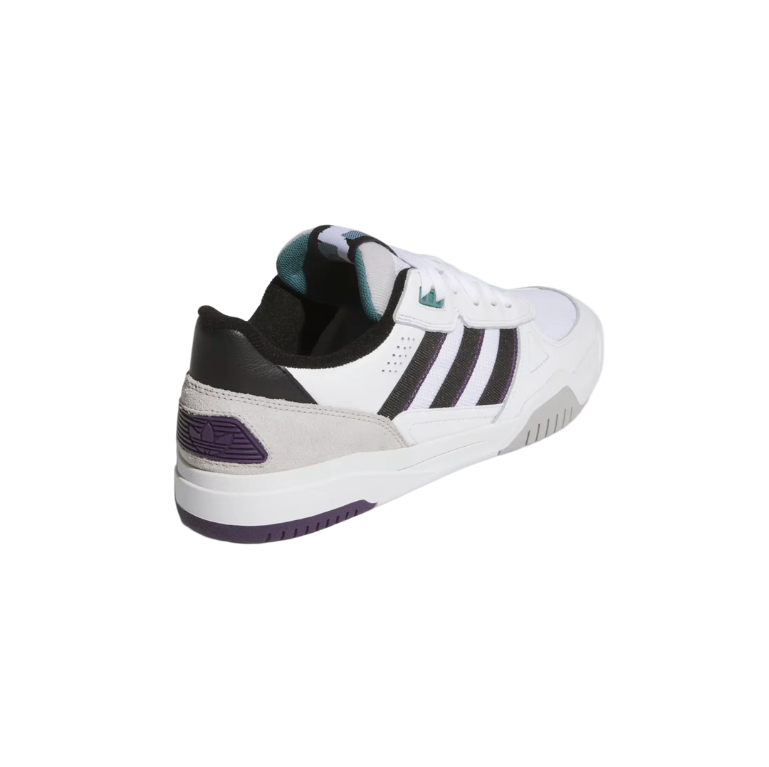White Adidas sneaker with black stripes on a light gray background
