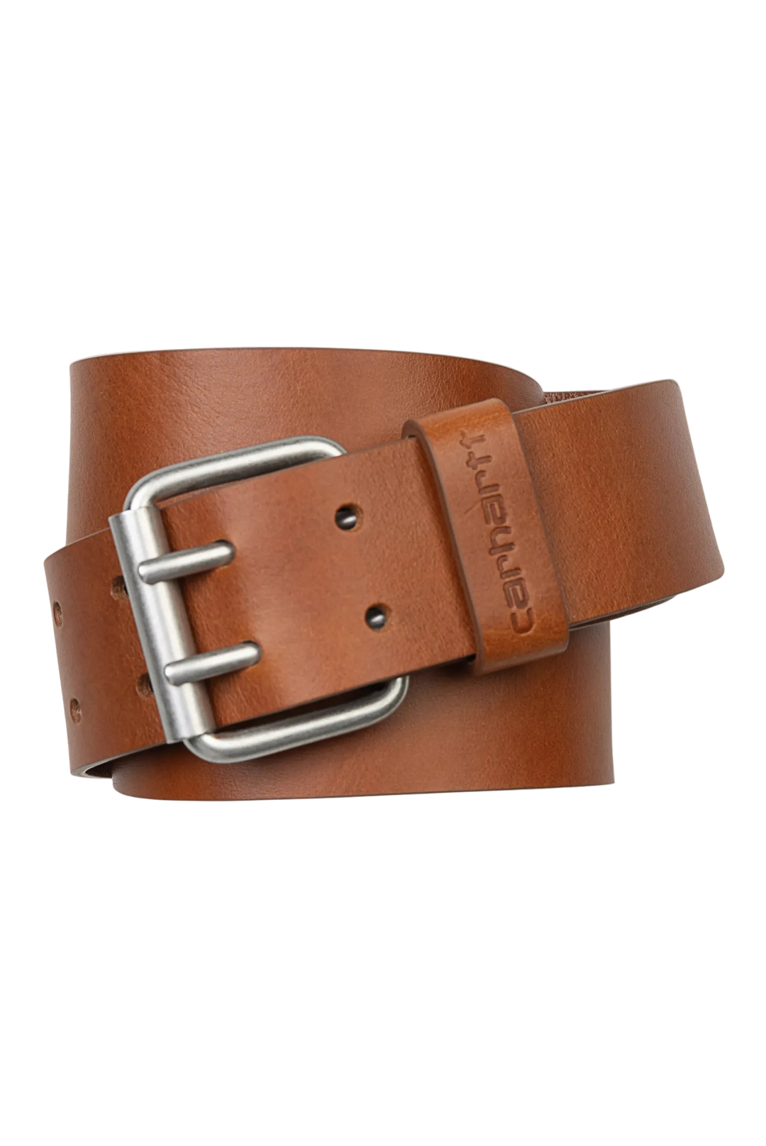 Brown leather belt with silver buckle on a white background