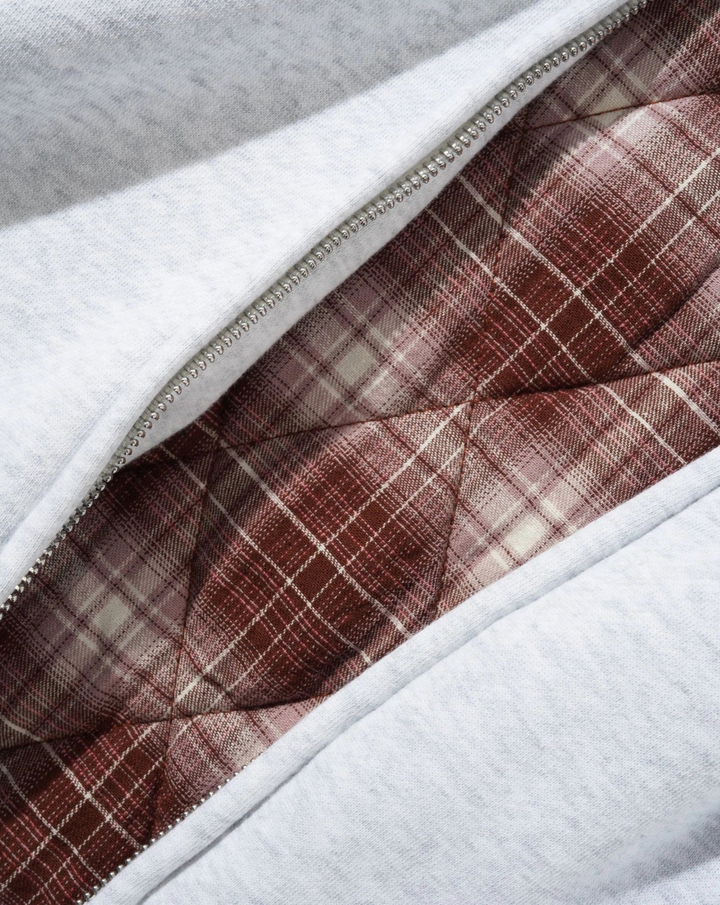 PLAID LINED ZIP-THRU HOODIE ASH HEATHER