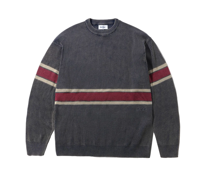 A dark gray ribbed knit crewneck sweater with horizontal stripes in burgundy and cream across the chest and sleeves, shown flat on a white background.