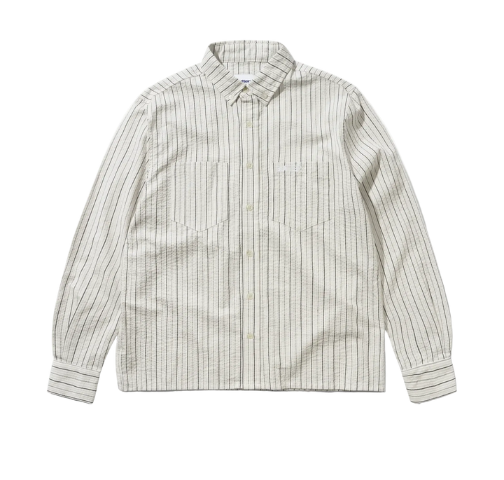 A long-sleeve button-up shirt with vertical pinstripes in beige and white, featuring two chest pockets and a classic collar, laid flat against a white background.