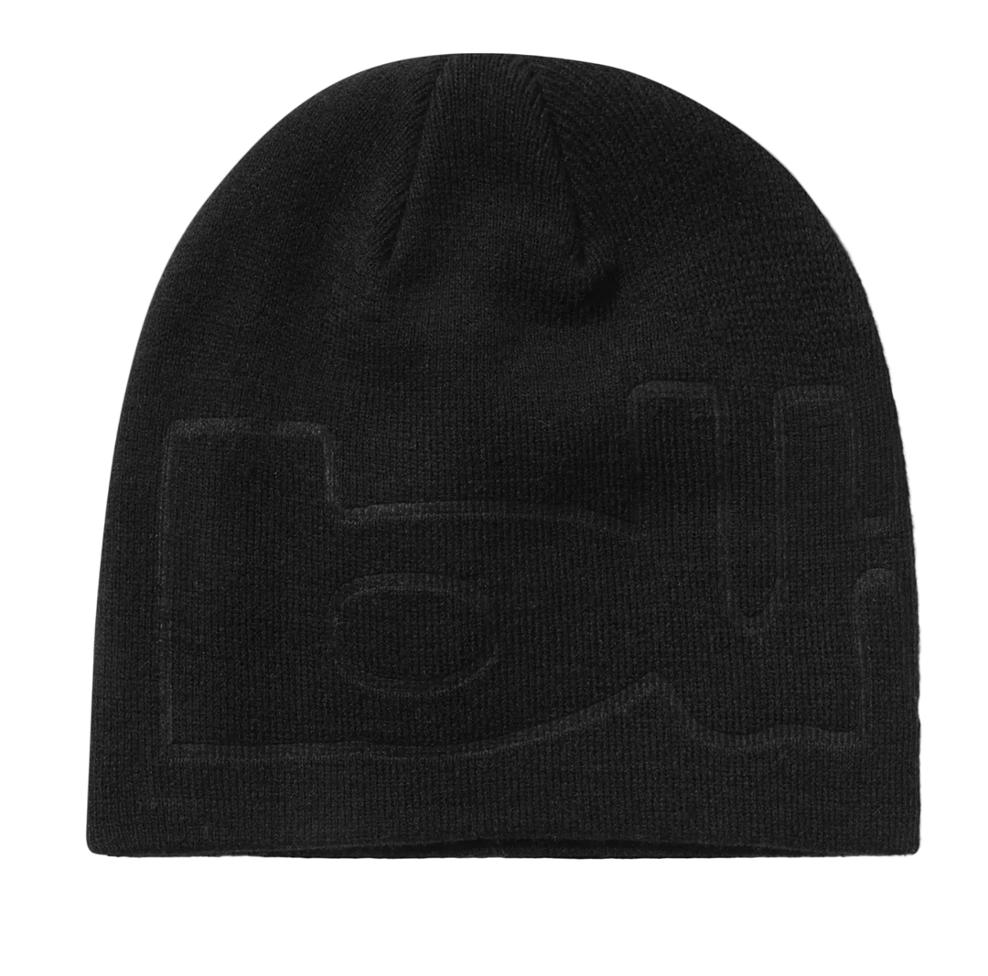 A black knit beanie hat featuring a tonal, low-contrast embroidered outline logo across the front, photographed on a clean white background.