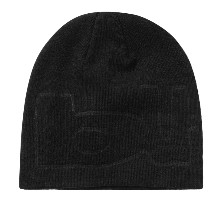 A black knit beanie hat featuring a tonal, low-contrast embroidered outline logo across the front, photographed on a clean white background.