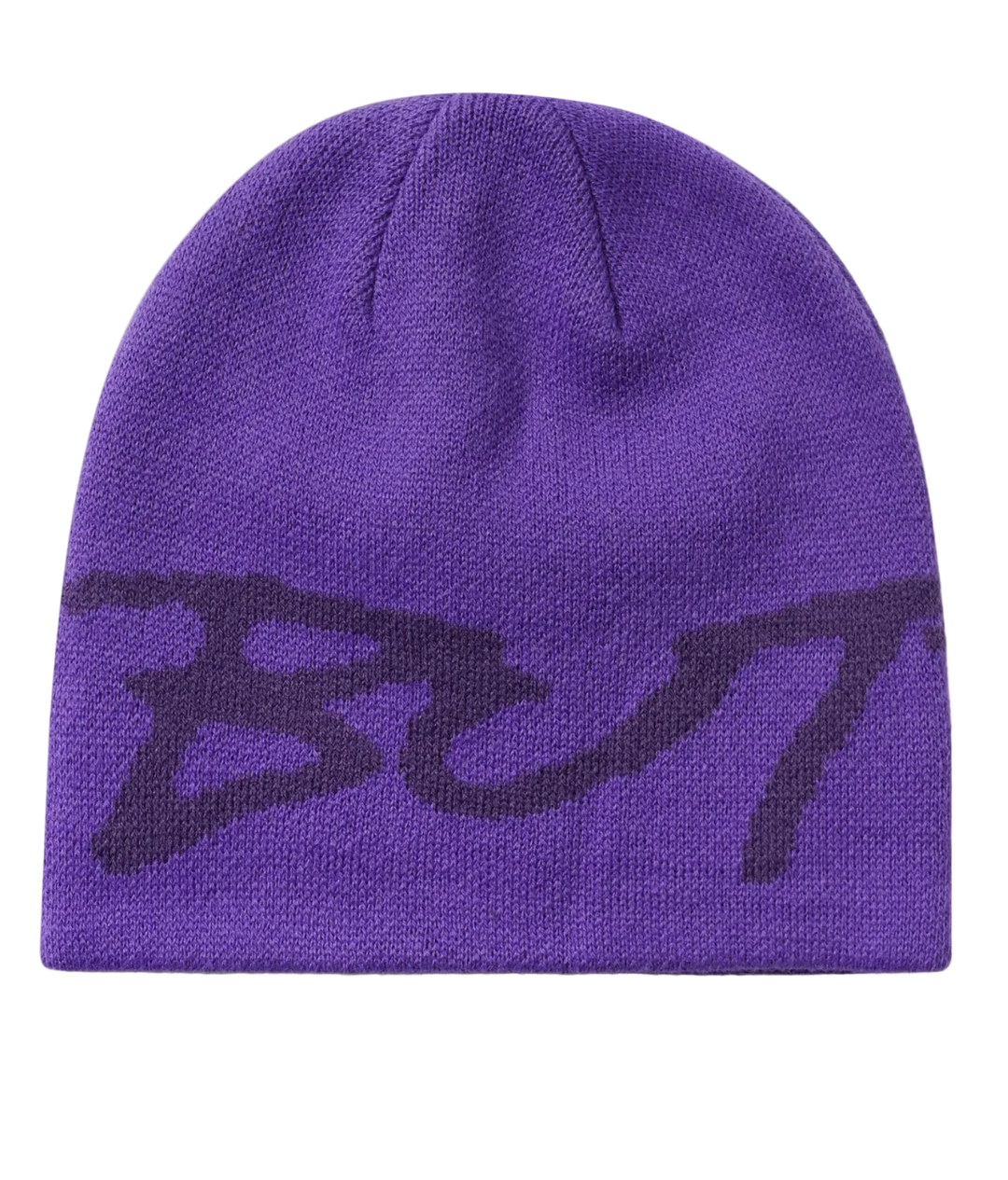 A purple knit beanie hat featuring a dark purple stylized  logo across the front