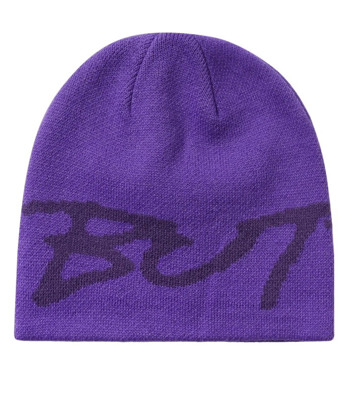 A purple knit beanie hat featuring a dark purple stylized  logo across the front