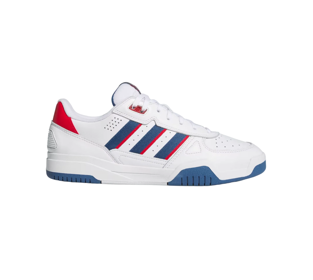White sneaker with red and blue stripes on a light gray background