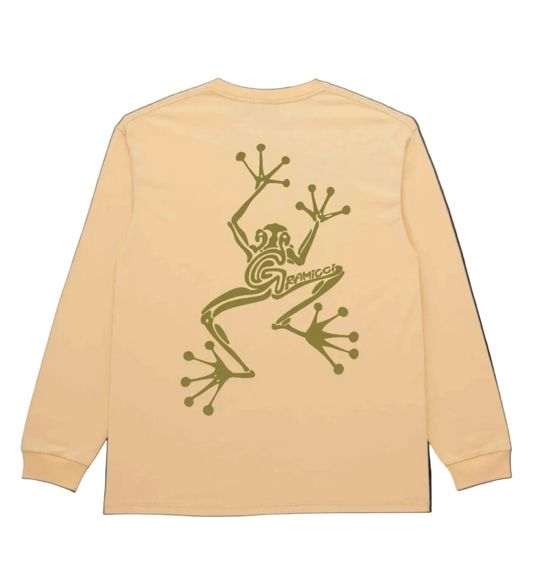 Beige long-sleeve shirt with green frog graphic on the back