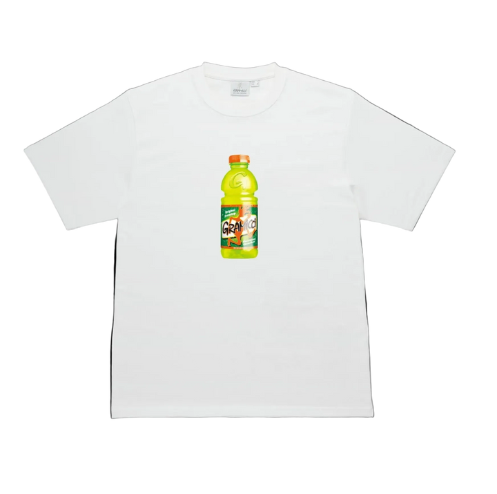 White t-shirt with a juice bottle graphic 