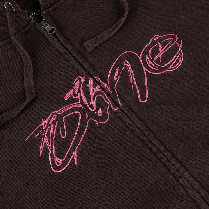 DISTRESSED TERRY ZIP HOODIE ACID BROWN
