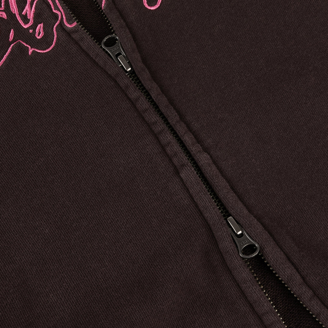 DISTRESSED TERRY ZIP HOODIE ACID BROWN