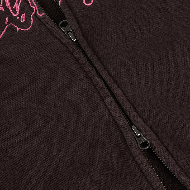 DISTRESSED TERRY ZIP HOODIE ACID BROWN