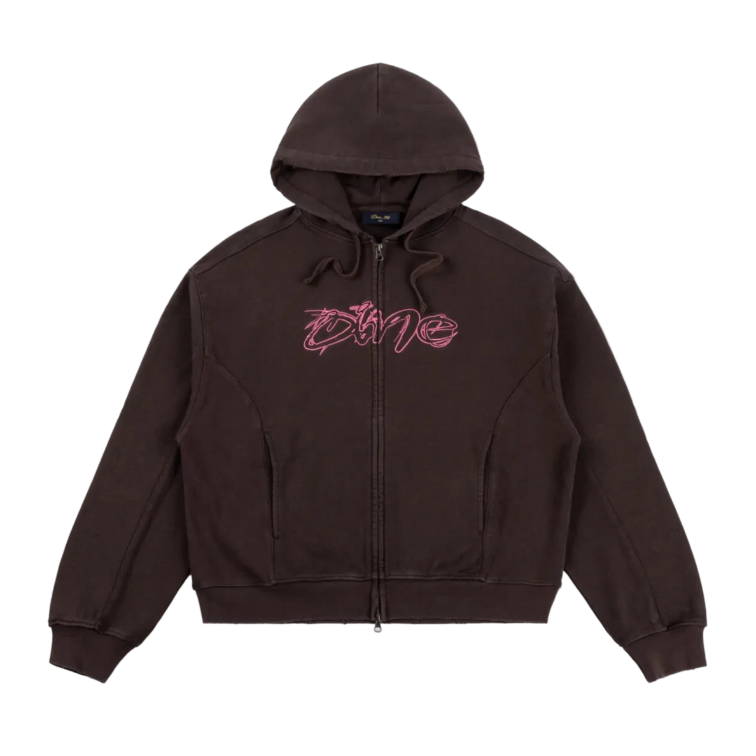 DISTRESSED TERRY ZIP HOODIE ACID BROWN