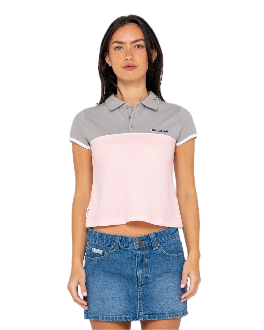 RUSTY 
INSERT DAD JOKE BABY POLO TEE PINK/GREY
