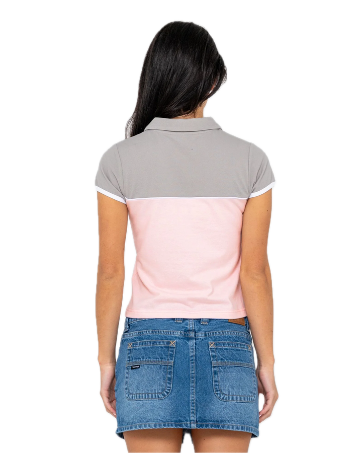 RUSTY INSERT DAD JOKE BABY POLO TEE PINK/GREY