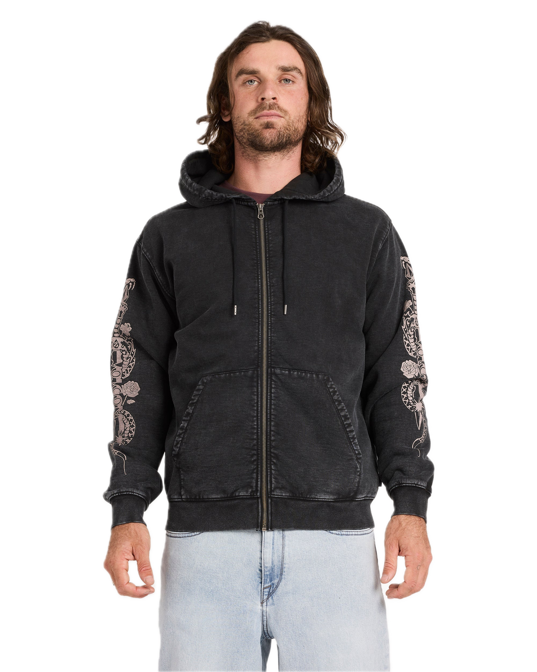 Die By Stone Zipper Zip Hoodie Stone washed Black Front