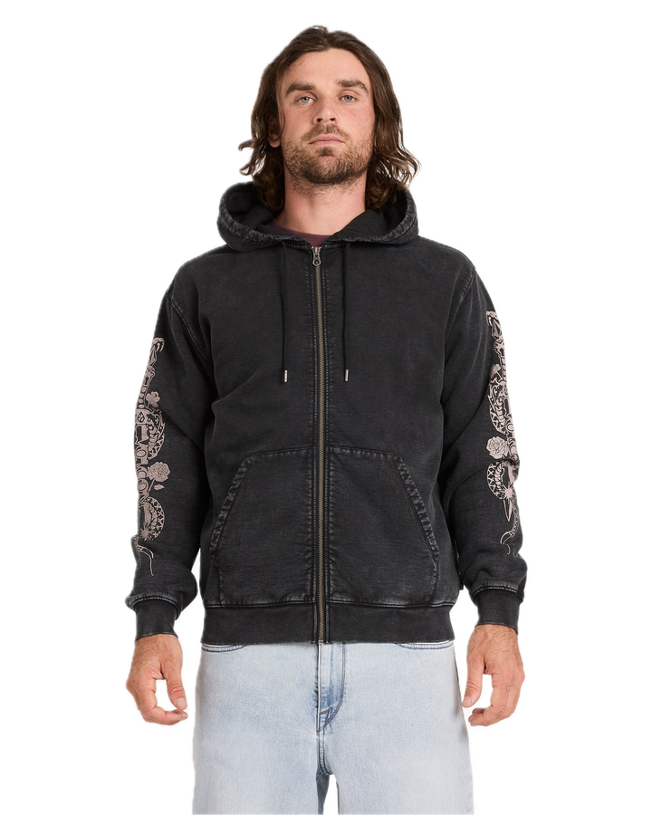 Die By Stone Zipper Zip Hoodie Stone washed Black Front