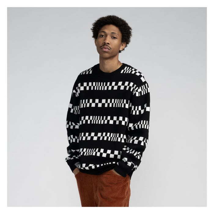 CHECK STRIPE KNIT CREWNECK BLACK WHITE